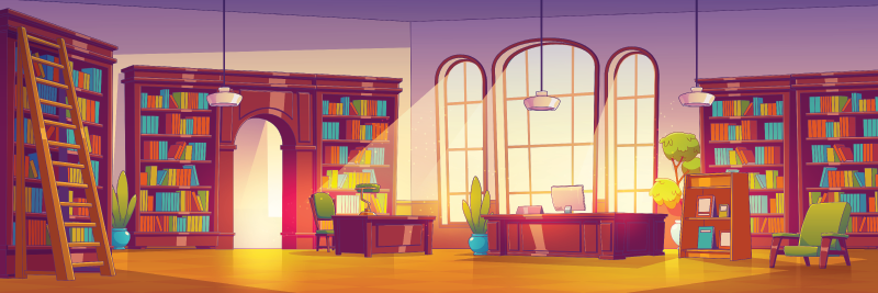 library with sunlight shining through the windows