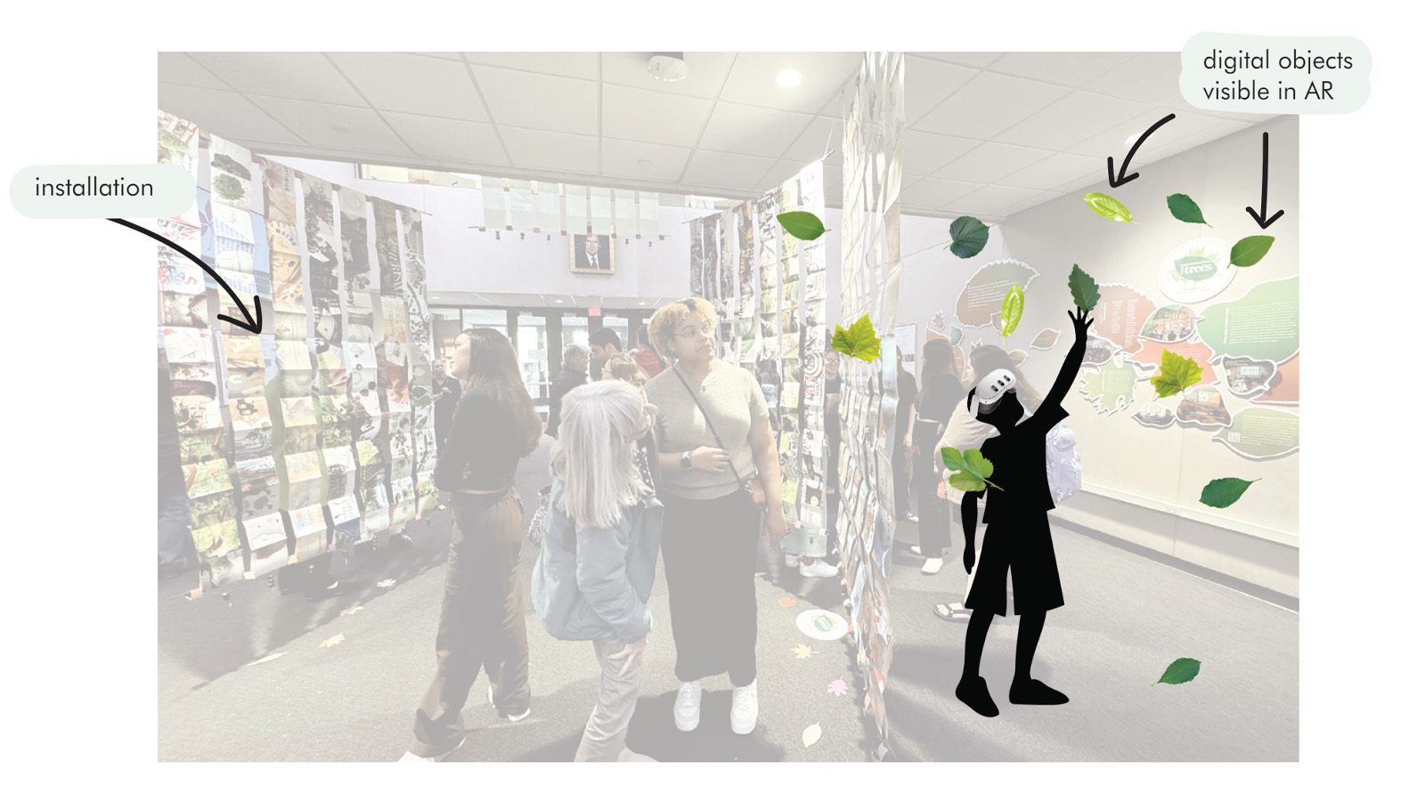 Installation photo overlaid with a silhouette illustration of a person interacting with digital leaves within the installation space