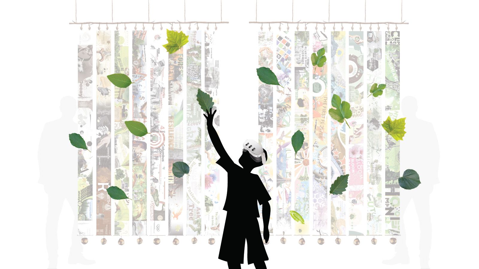 Installation of accordion books, overlaid with a silhouette illustration of a person interacting with digital leaves in the Augmented Reality experience