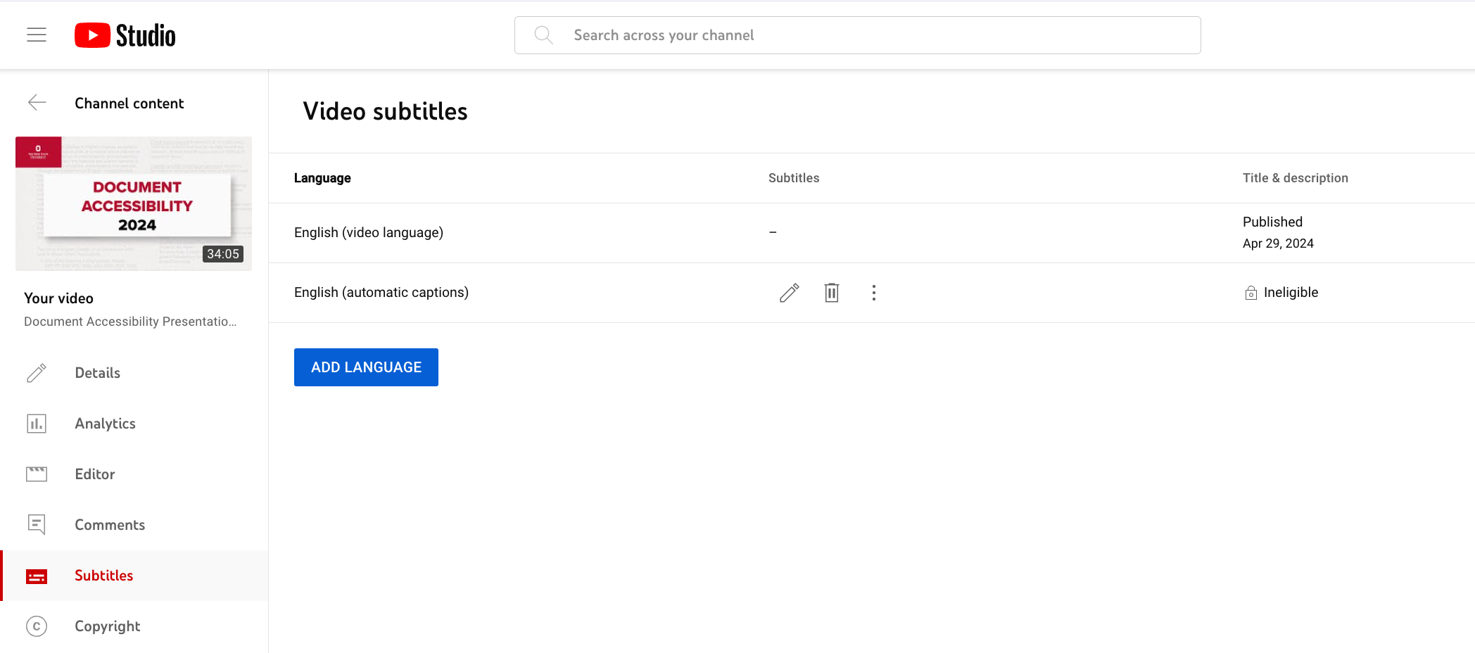 The video subtitles page in YouTube Studio