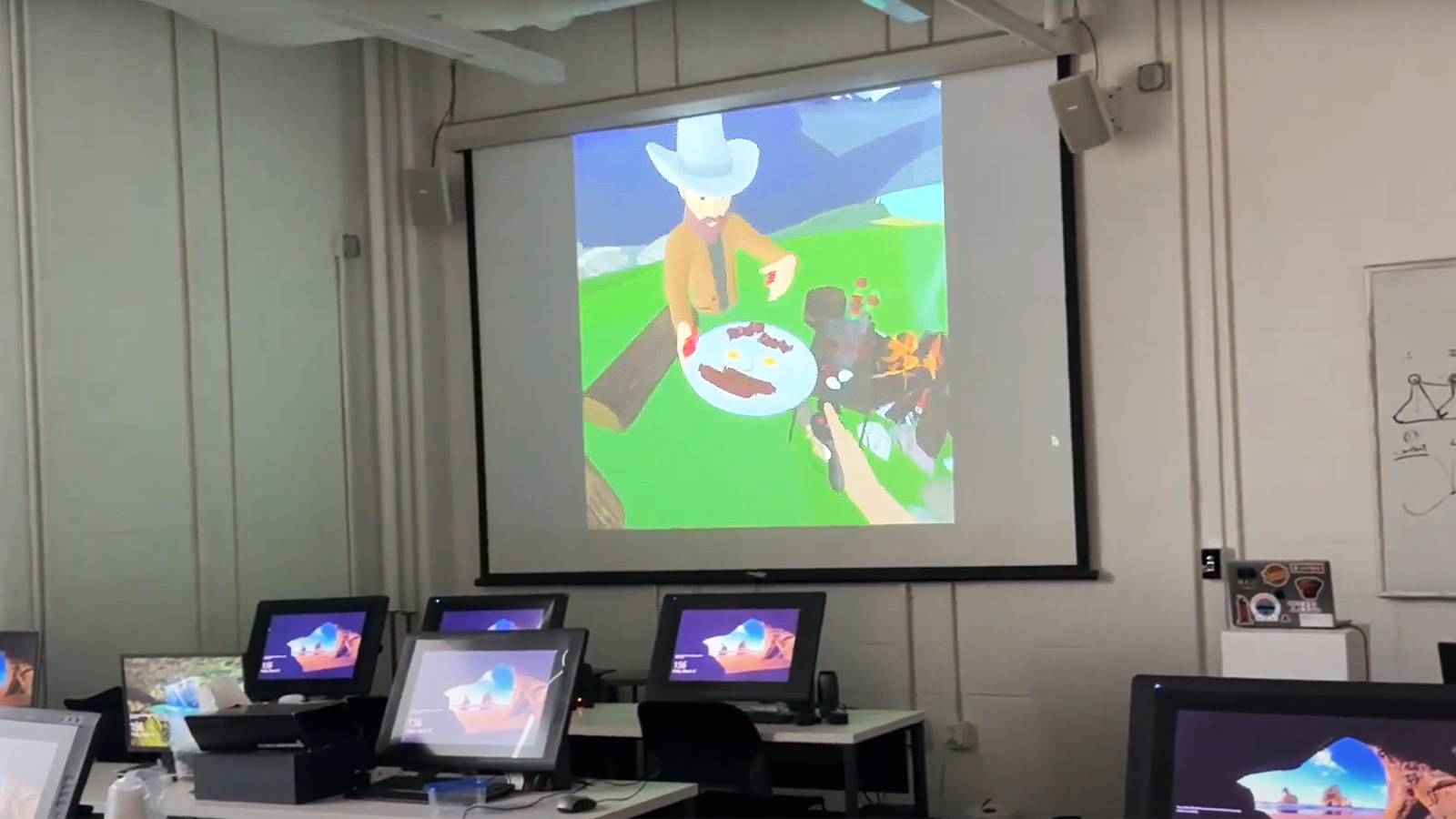 VR picnic scene projected on a classroom wall