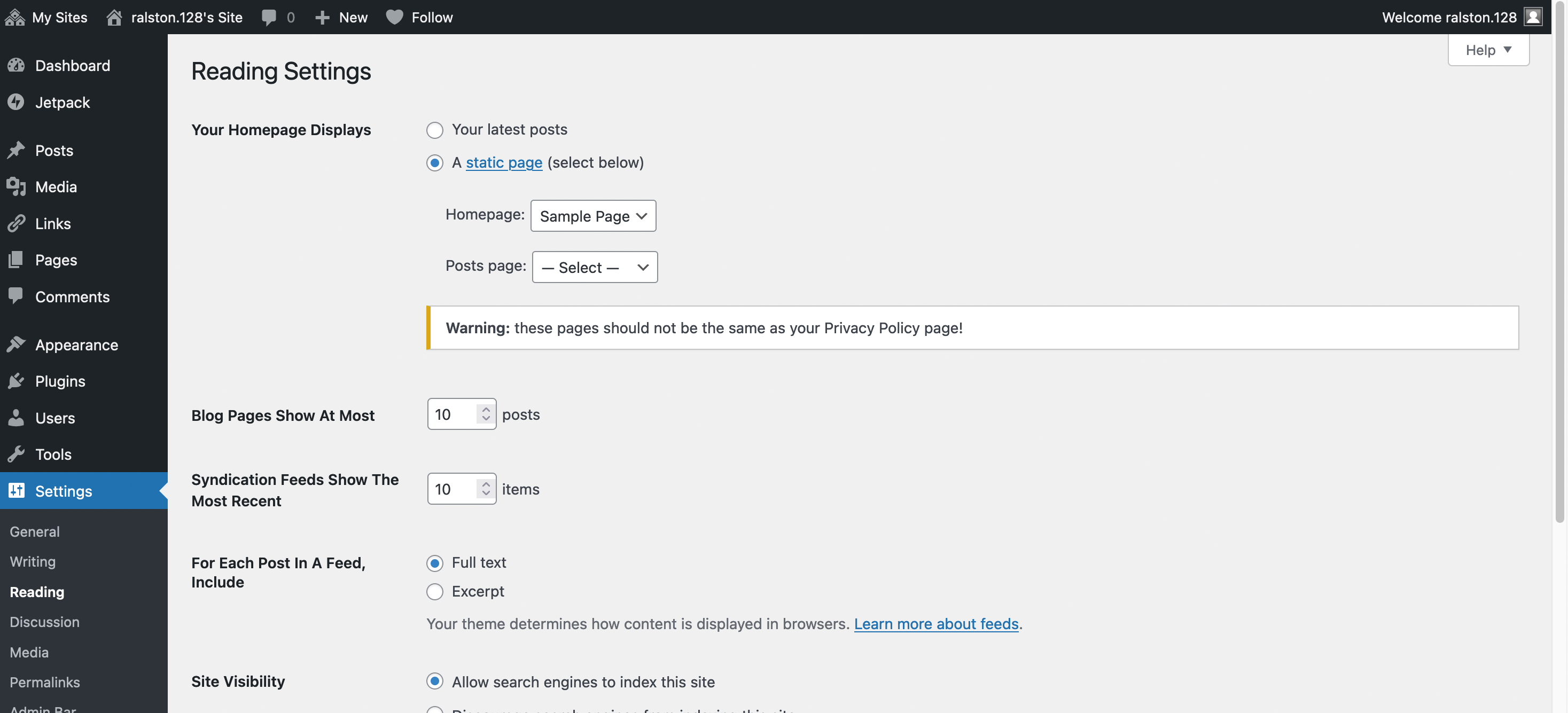 The Reading page in the WordPress dashboard, with options to select a Homepage, to have the homepage display your latest posts or a static page.