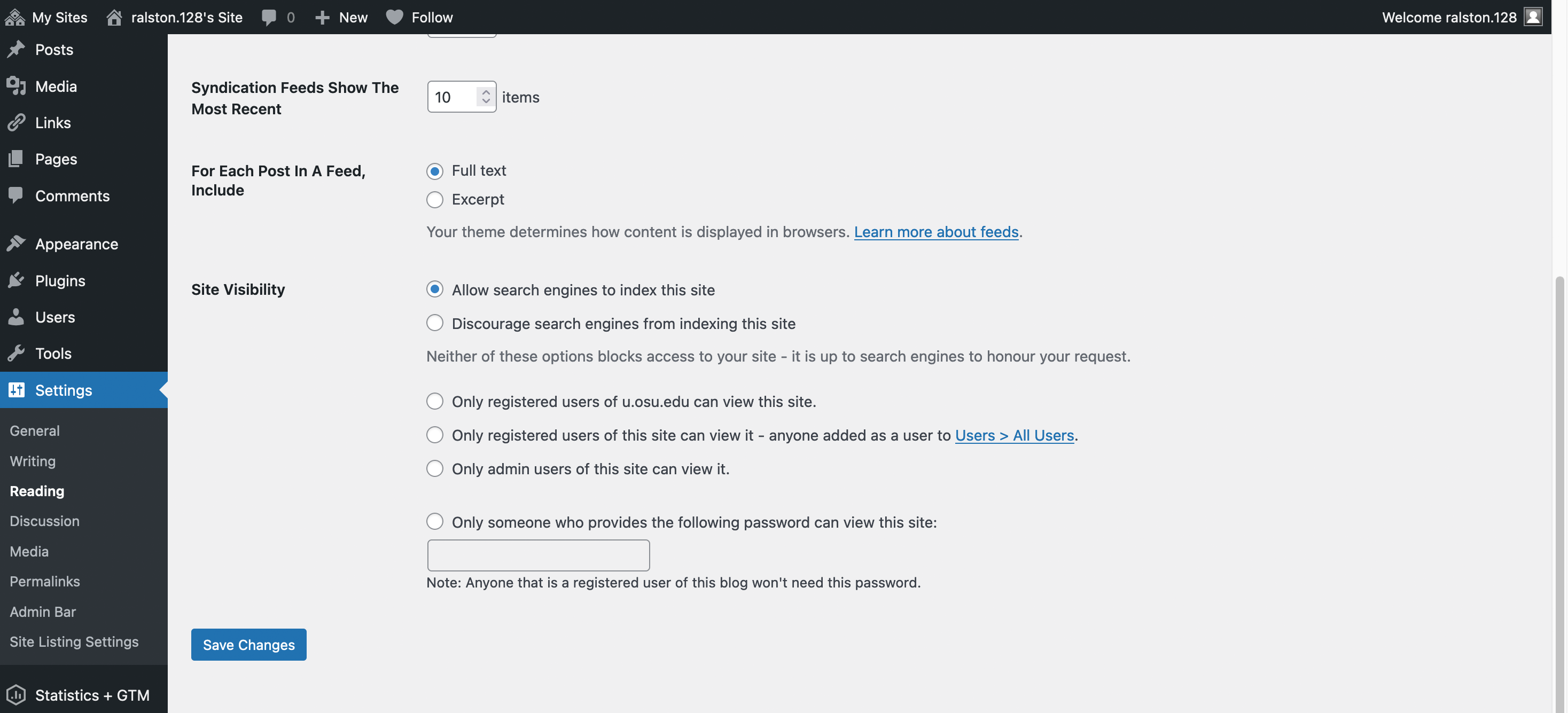 The Reading page under the Settings section in the WordPress dashboard with the "Save" button at the bottom of the page.