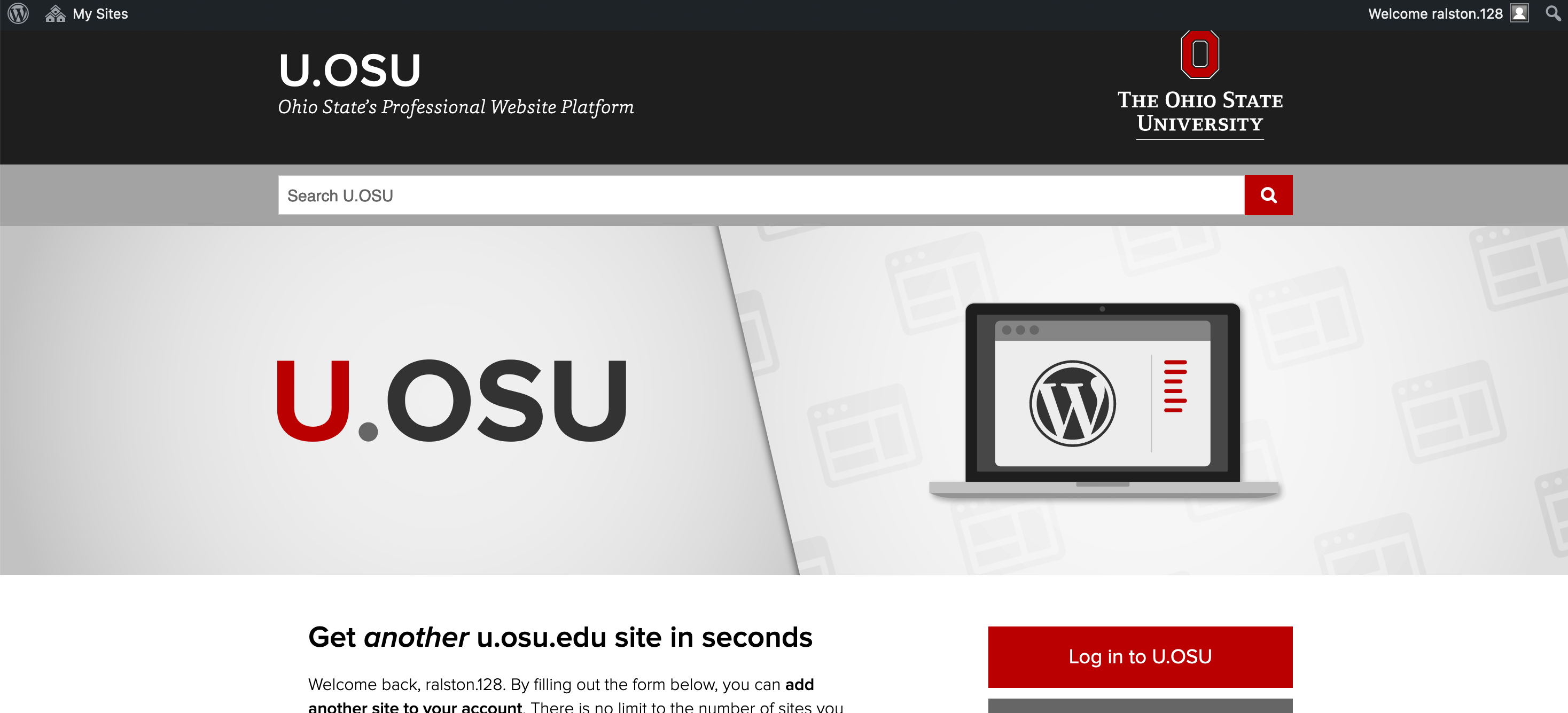 U.OSU homepage with two buttons for logging into U.OSU and signing up for U.OSU.