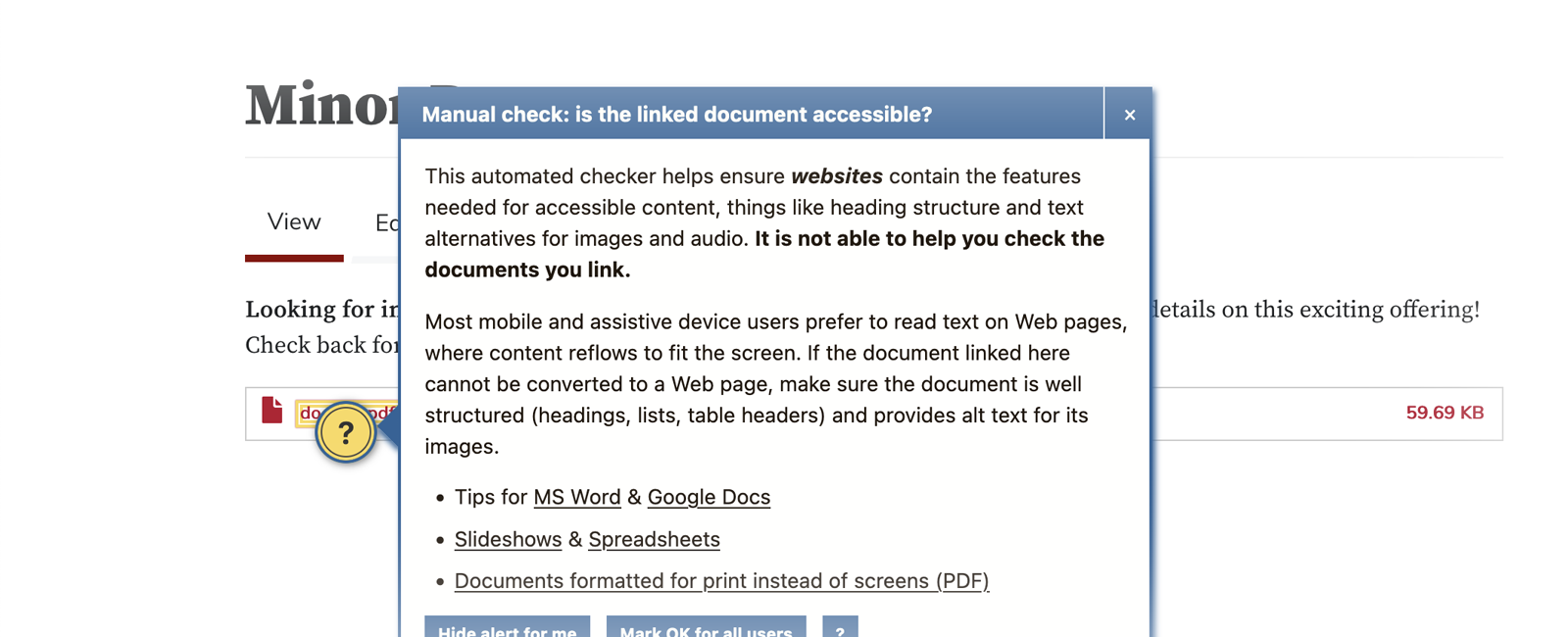 Editoria11y prompt suggesting a manual review of a file