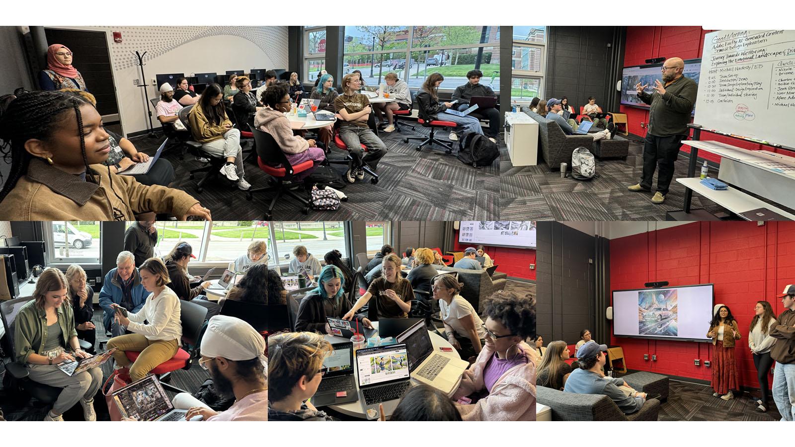 Collage of groups of students working together