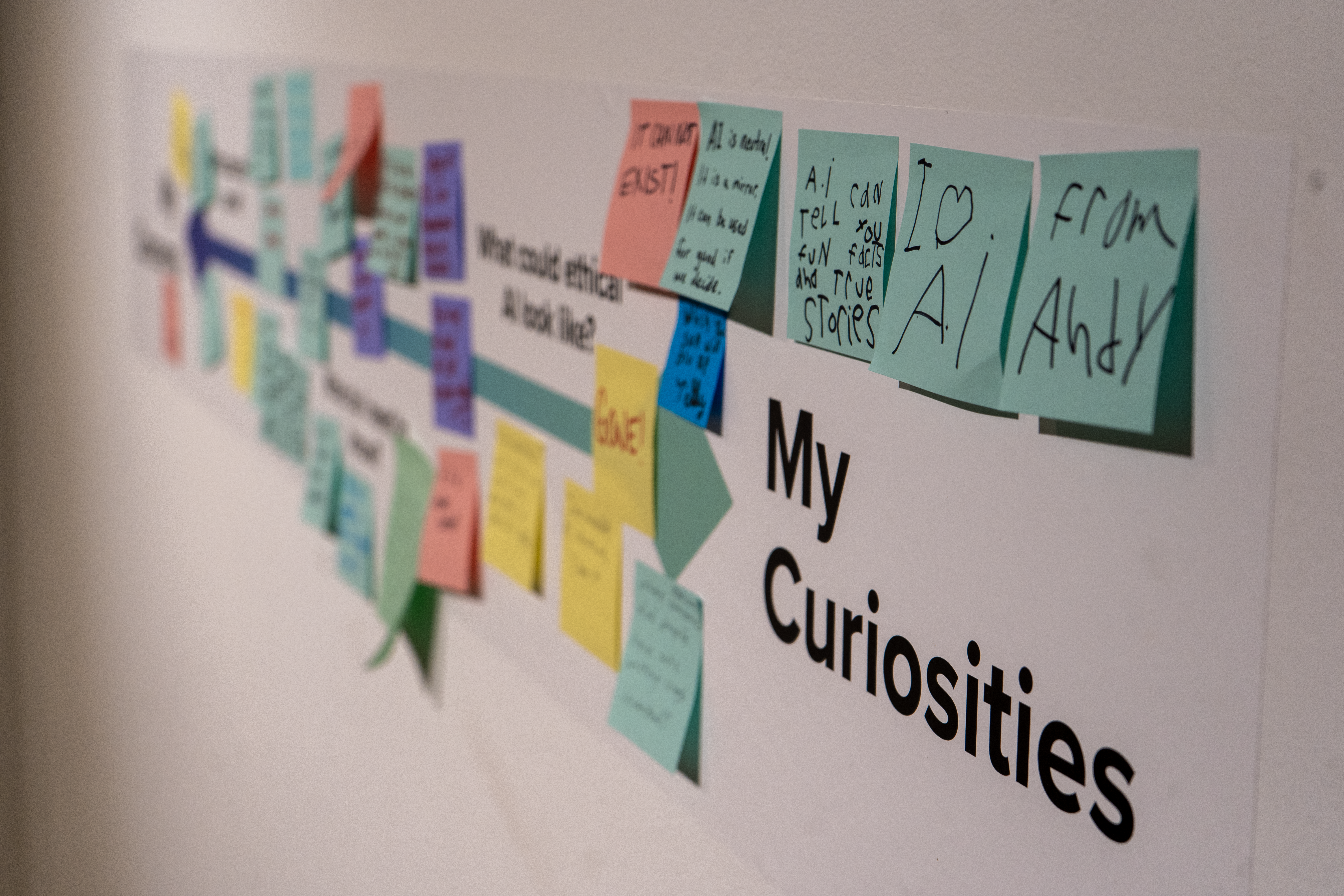 Gallery exhibition of a series of sticky notes on a wall