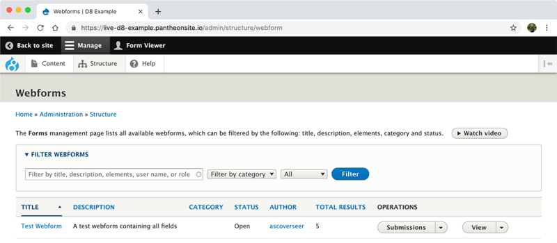 Screenshot of the Structure page in Drupal with a link to a webform at the top of the list