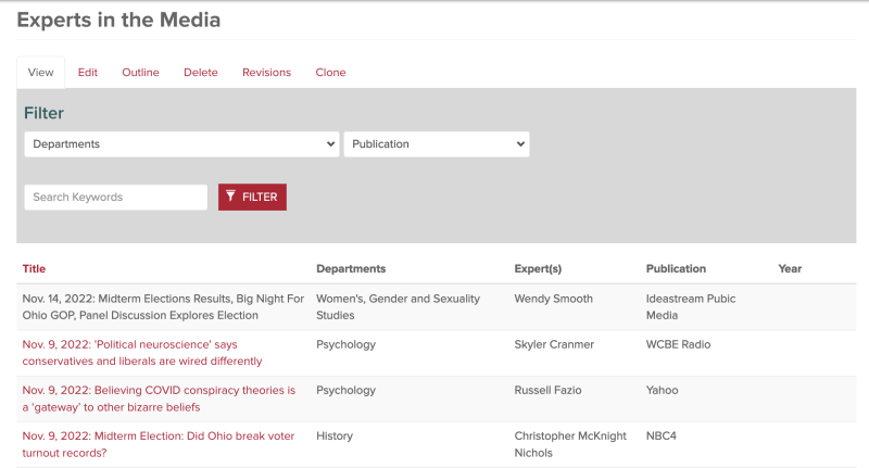 Research  landing page with list of research projects