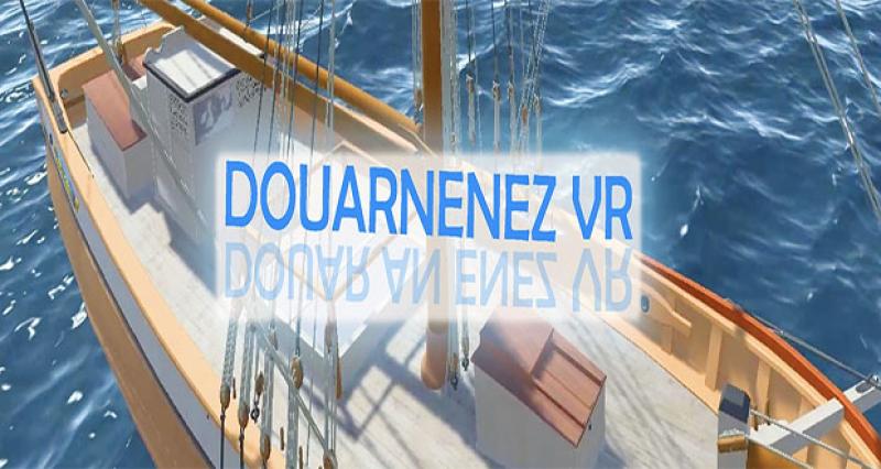 3D modeled sailboat on water. Text ' Douarnenez VR' in blue.