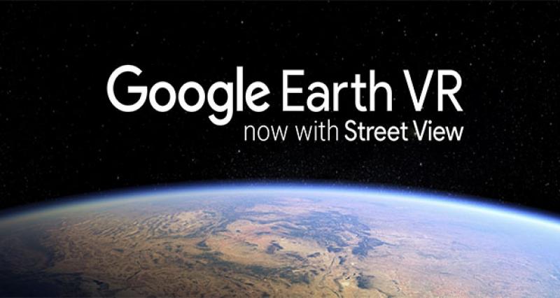 View of Earth from space. Text above Earth reads 'Google Earth VR, now with Street View';