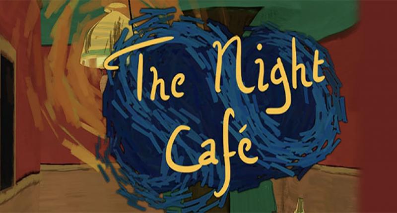 Logo inspired by VanGogh, blue swirls on red background , text reads 'The Night Cafe'.