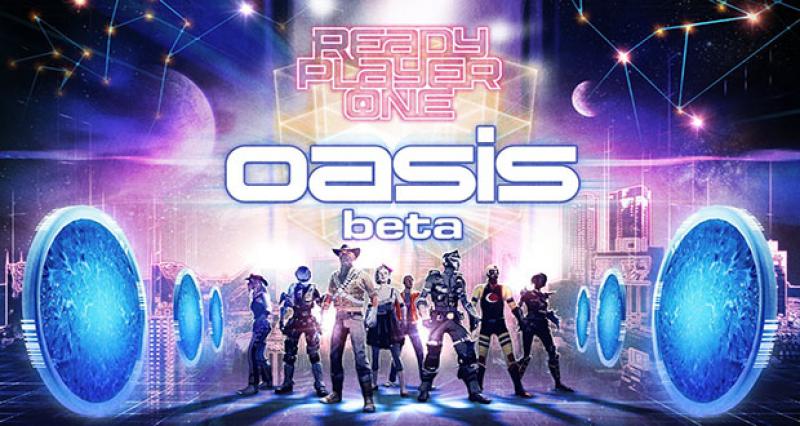 Game avatars standing center, text 'Ready Player One: Oasis Beta'.