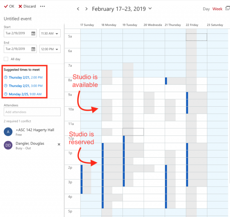Sample schedule showing where to click on Outlook