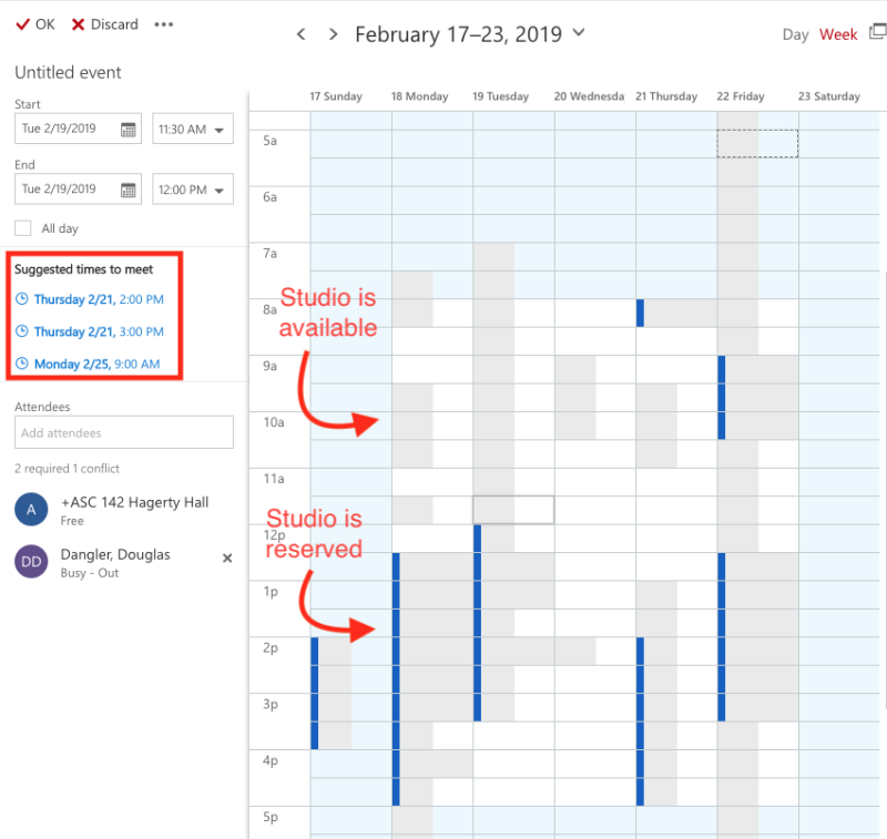 Sample schedule showing where to click on Outlook