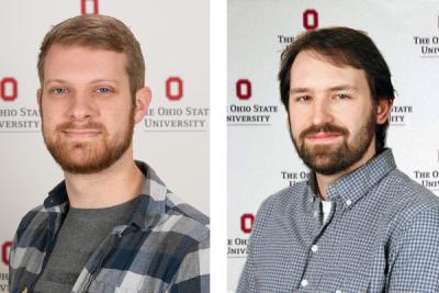 Employees in front of Ohio State logo background