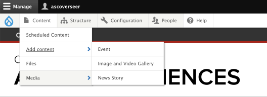 Content tab in Drupal with the section Add Content open and options to create Events, Image and Video galleries, and news stories