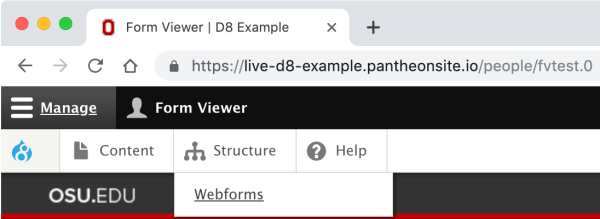 Screenshot showing location of the Structure tab while highlighting the Webforms link inside it