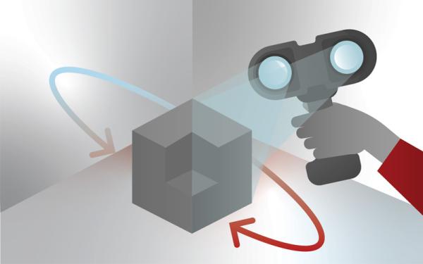 Illustration of a hand holding a 3D scanner and scanning a cube object