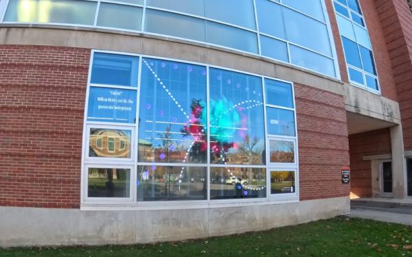 Outdoor LED display on the Hopkins Hall Annex window