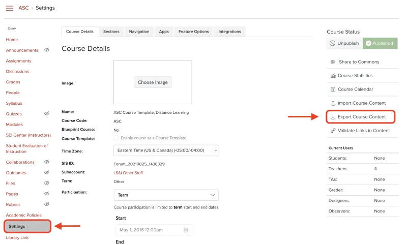 Carmen course setting page with Export Course Content circled in red.