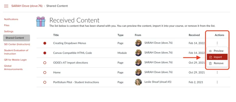 Carmen course account page discplaying Received Content. A drop-down menu with "Import" is highlighted and circled on the right-hand side of the screen.