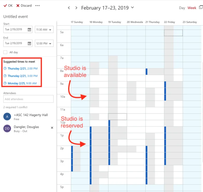 Sample schedule showing where to click on Outlook