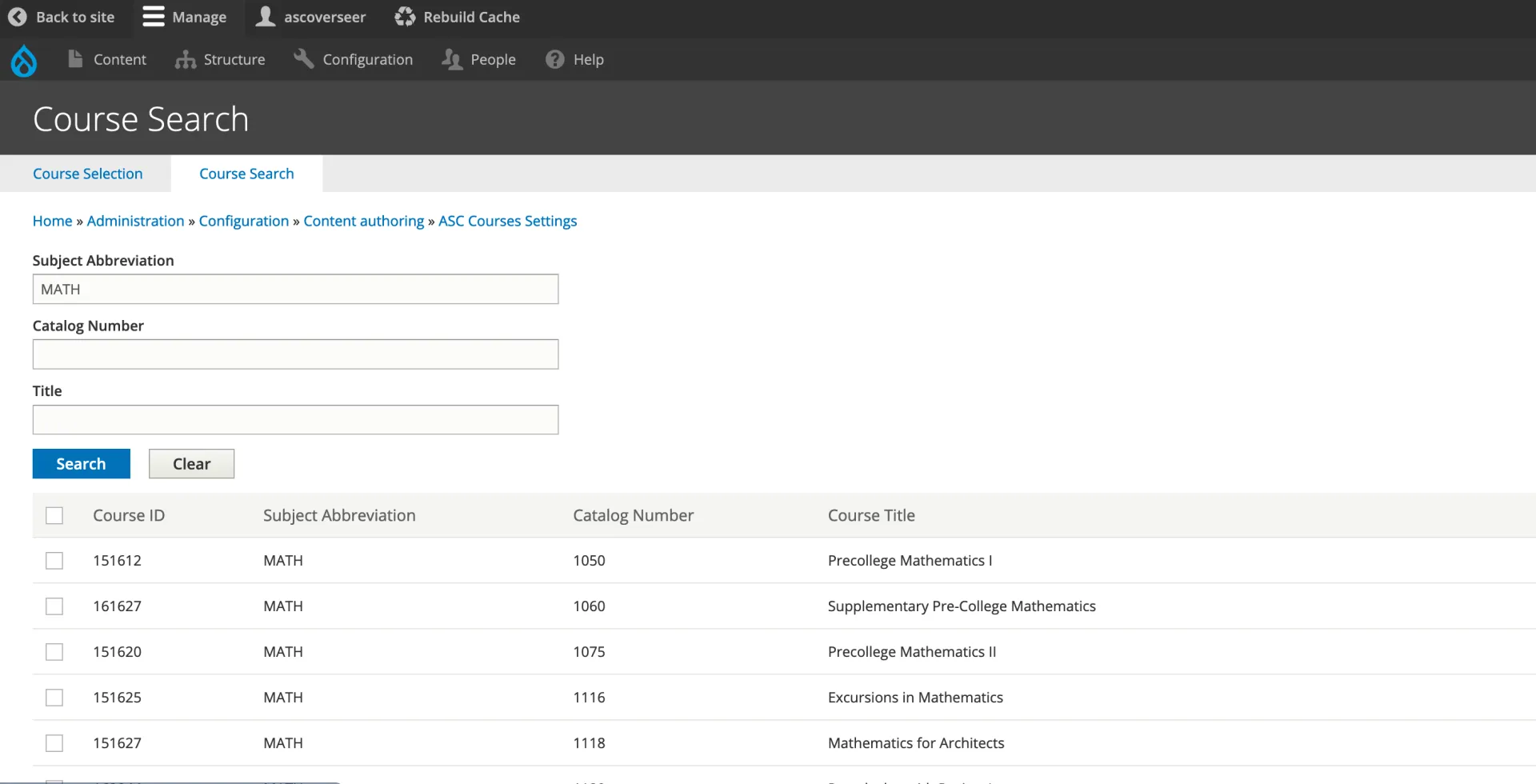 Course Search Menu