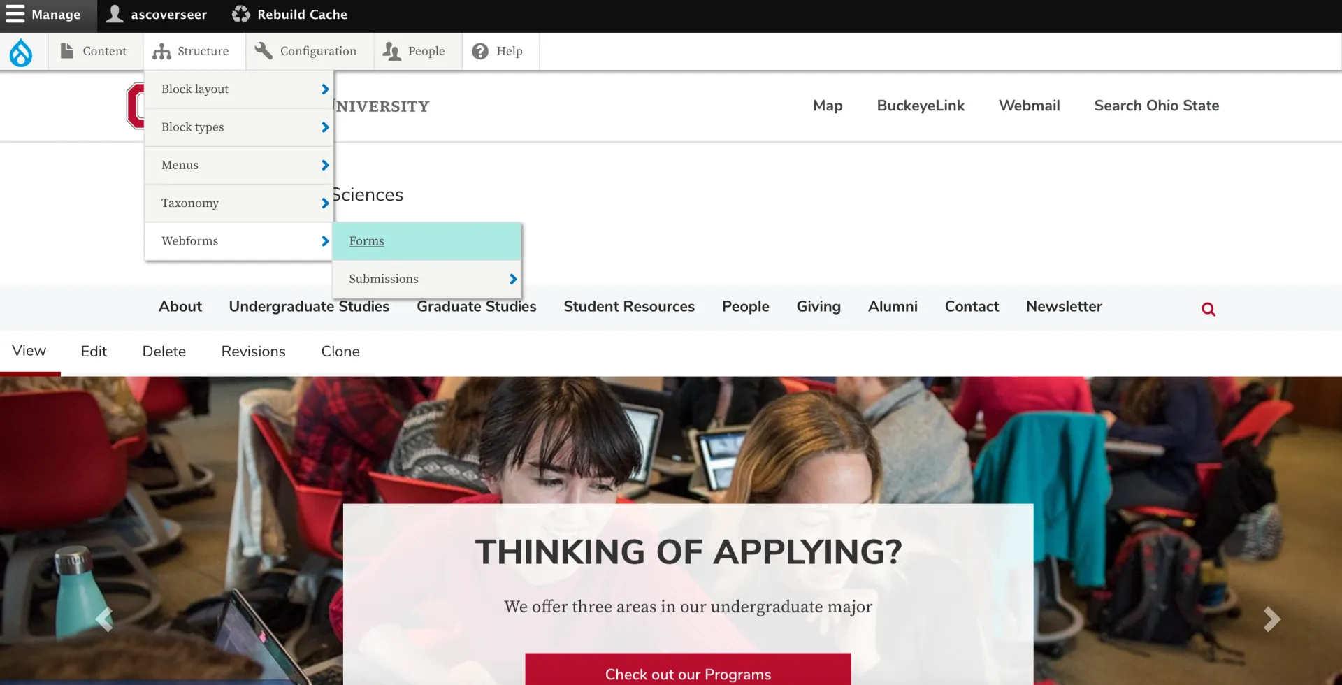 Webforms tab in the Structure menu