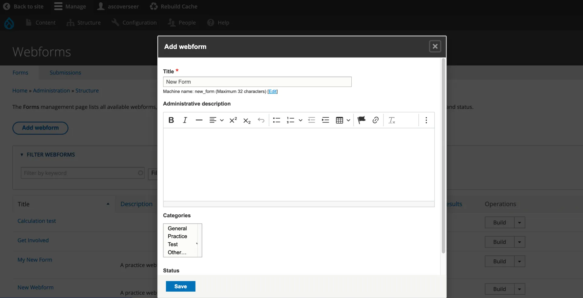 Menu to create a new webform