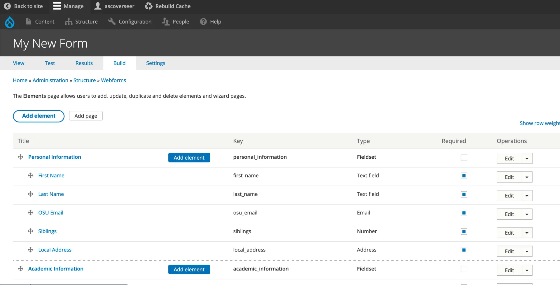 Build section of a webform