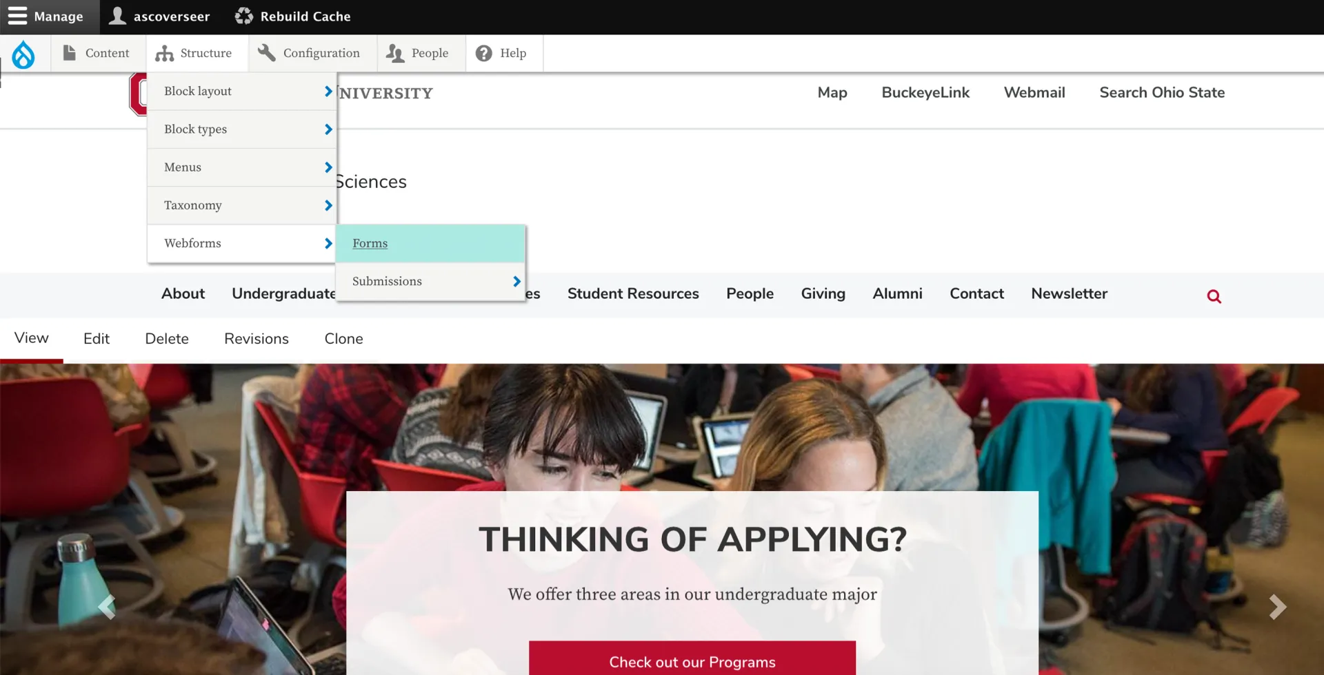The webforms menu in the Structure tab in Drupal