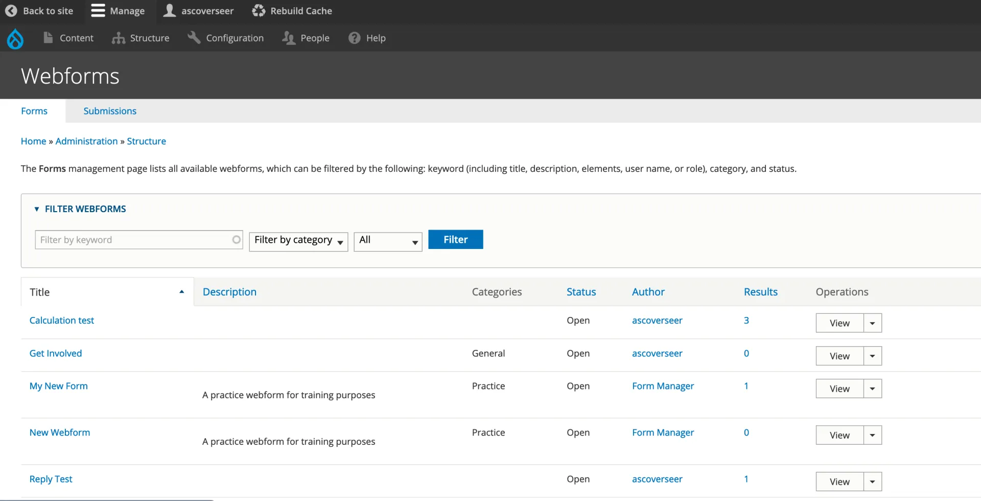 List of webforms