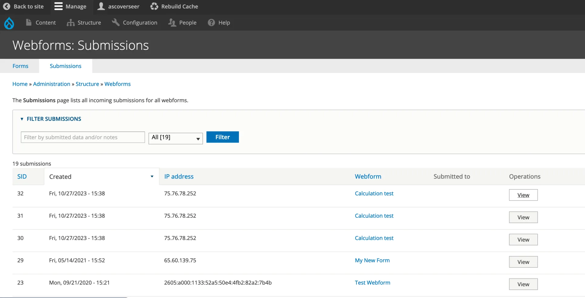 List of webform submissions