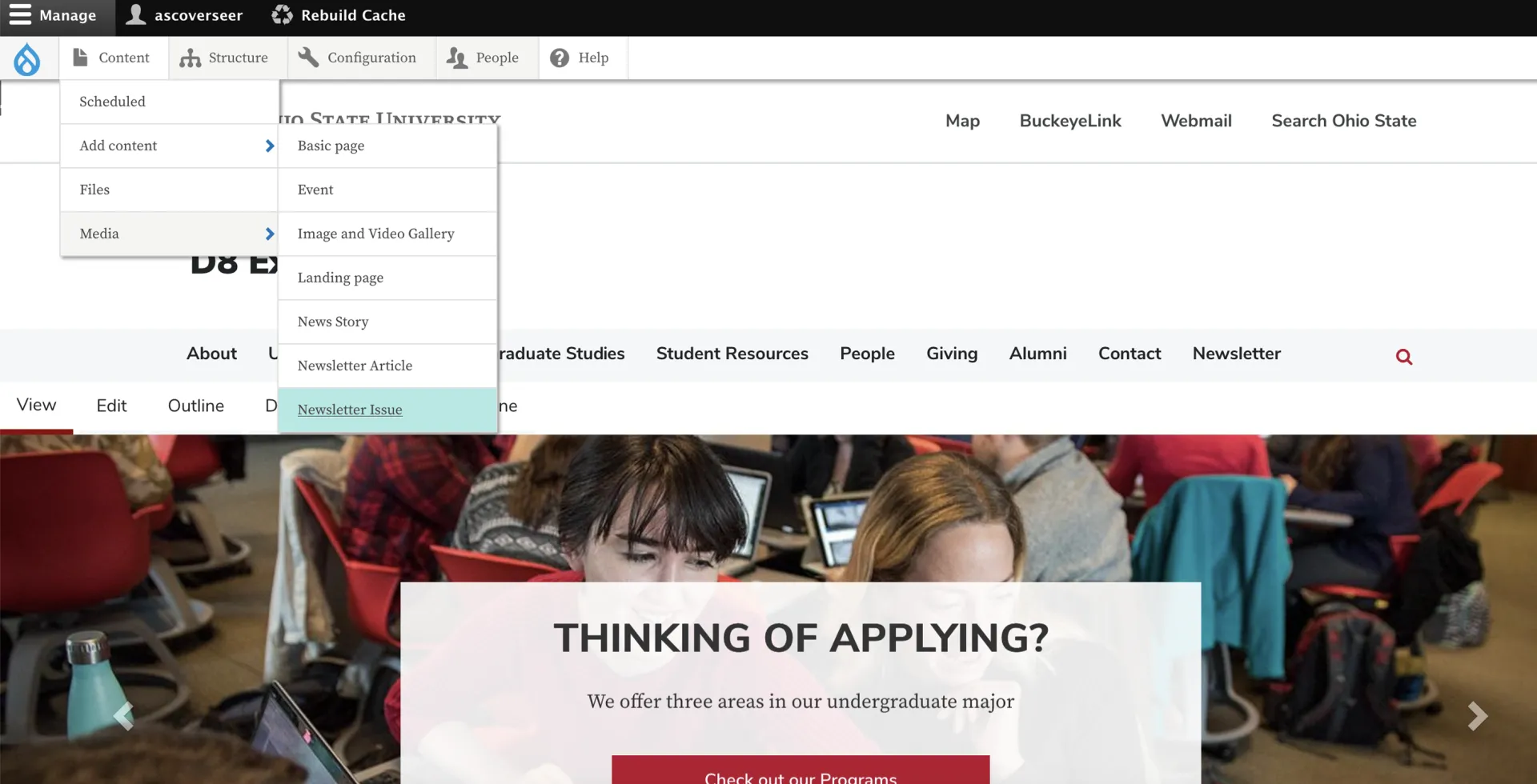 Newsletter article and issue options in the Content menu