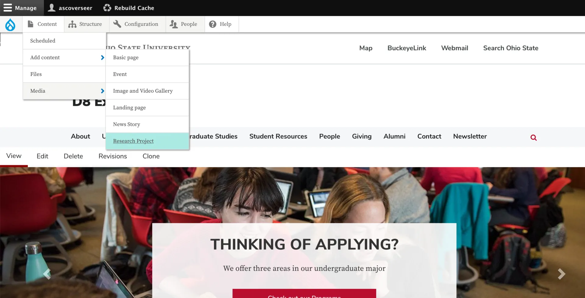 The research project tab in the Content menu