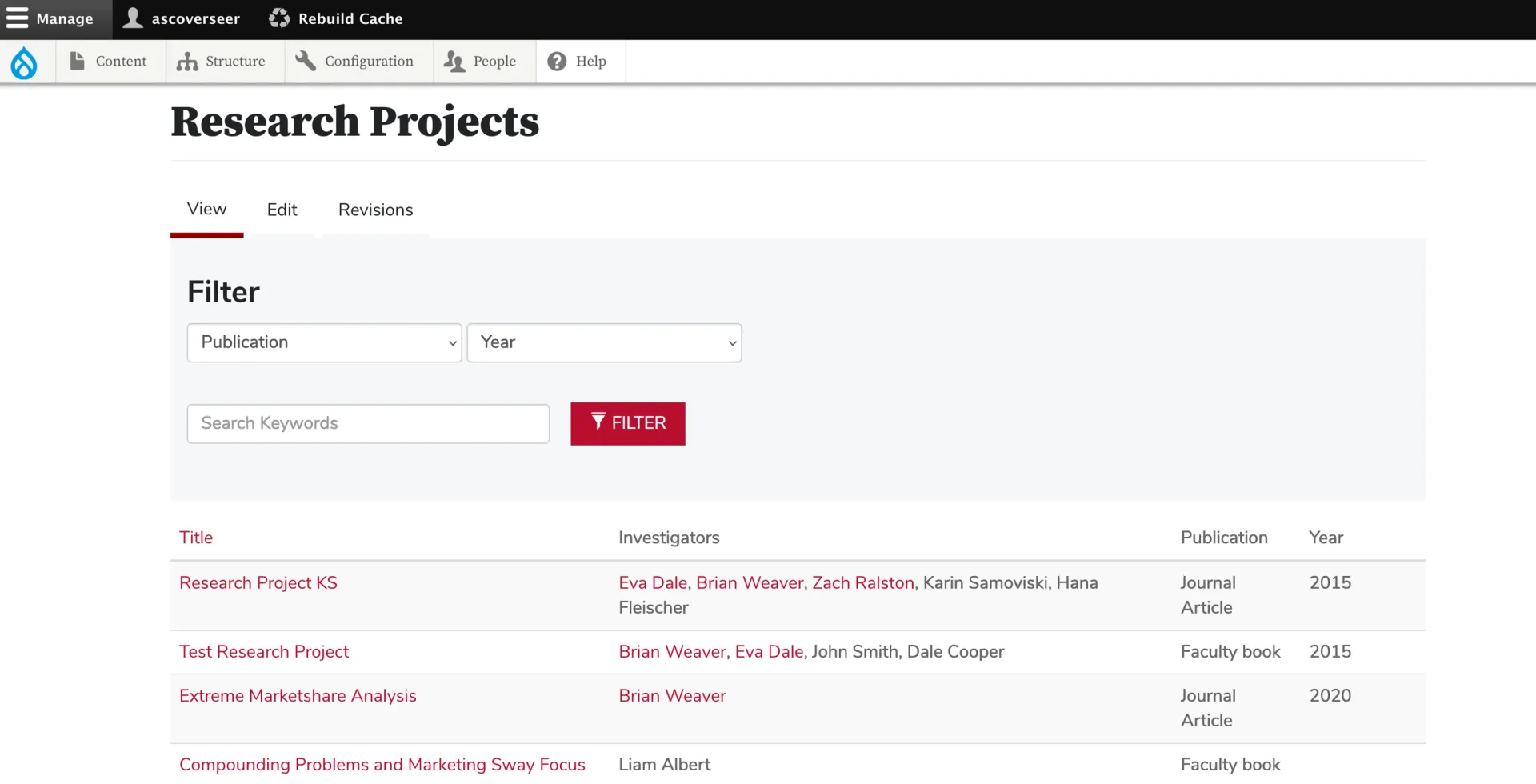 Research project landing page in table format