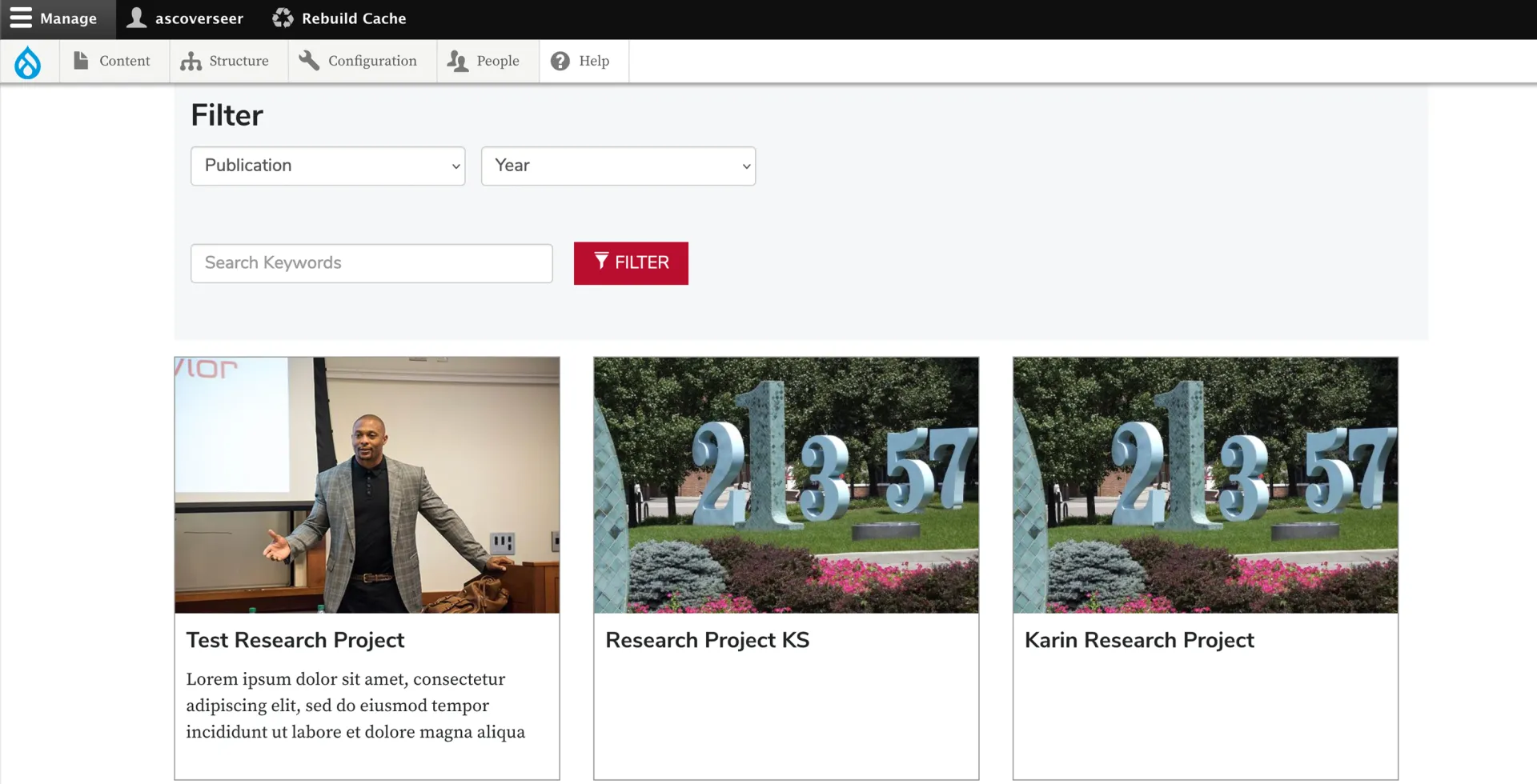 Research project landing page in grid format