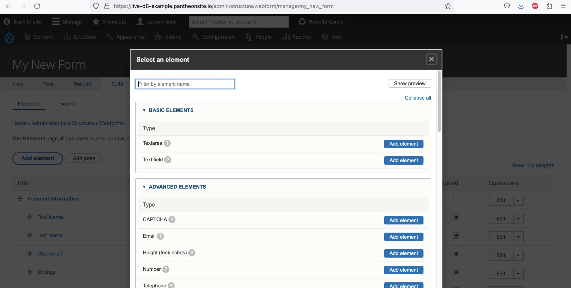 list of available elements to add to a webform