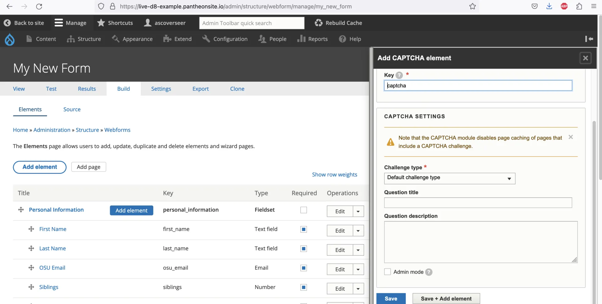 Menu for configuring the CAPTCHA element before adding it to a form