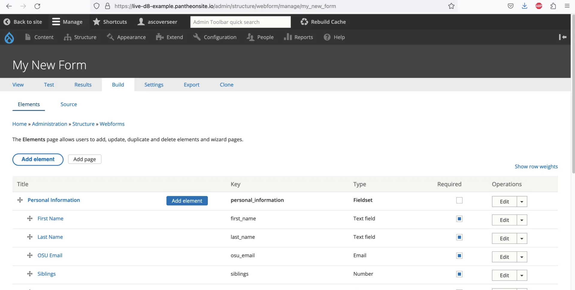 active elements under the "Build" tab on a webform