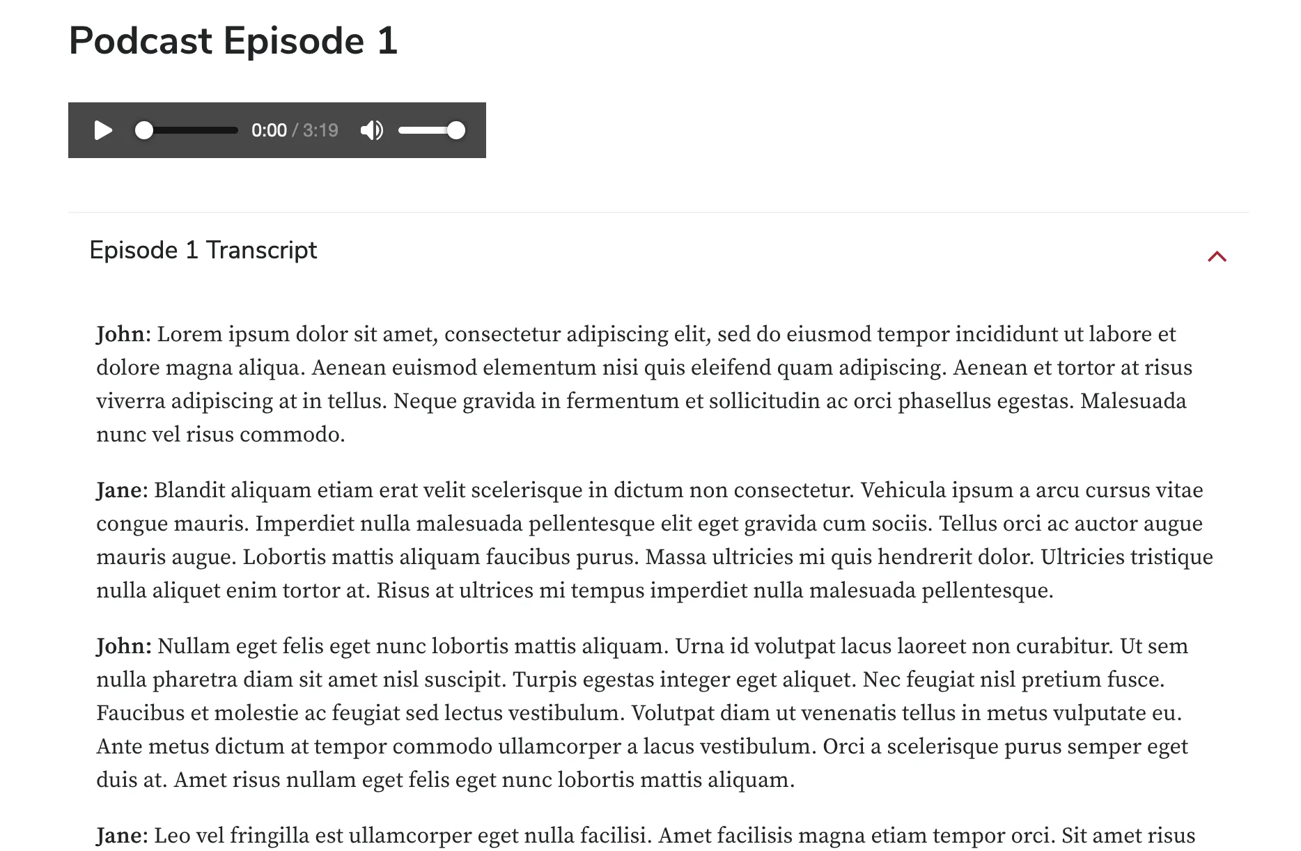 accordion with audio transcript text below an mp3 file