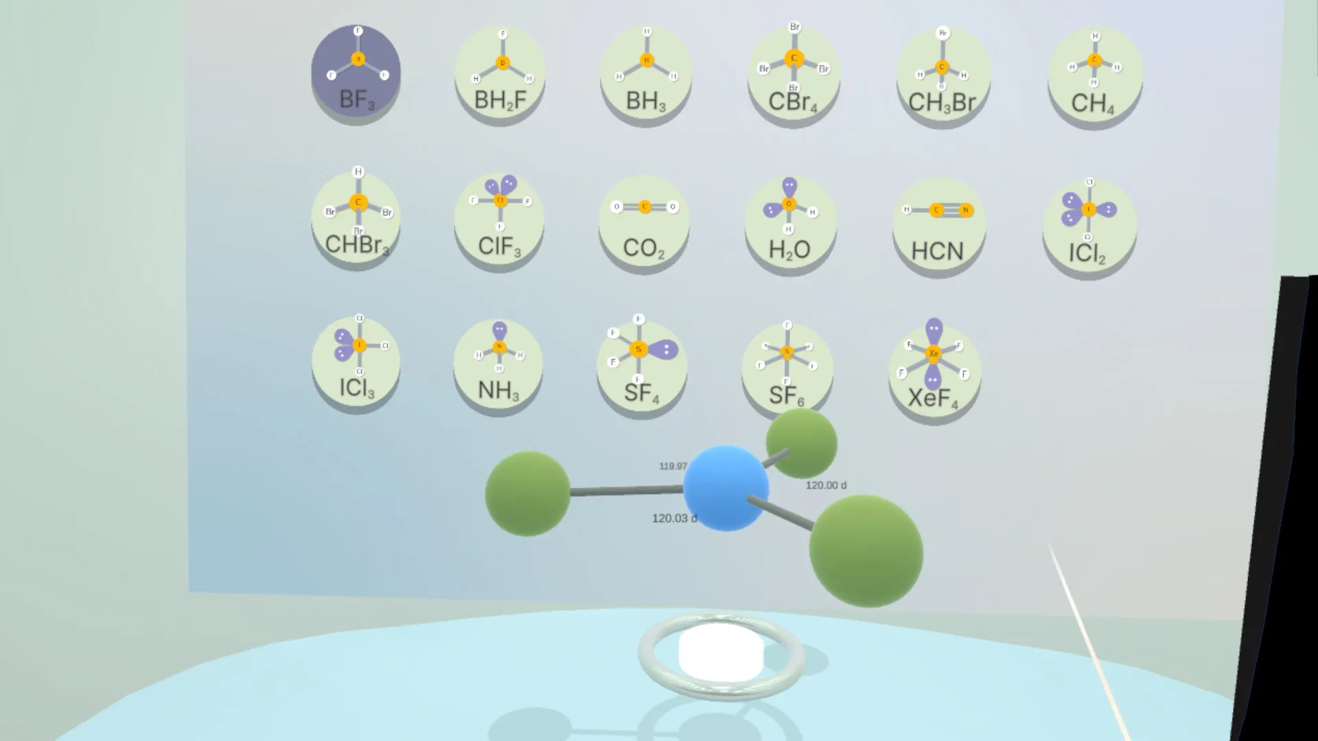 3D molecule in front of a VR selection panel