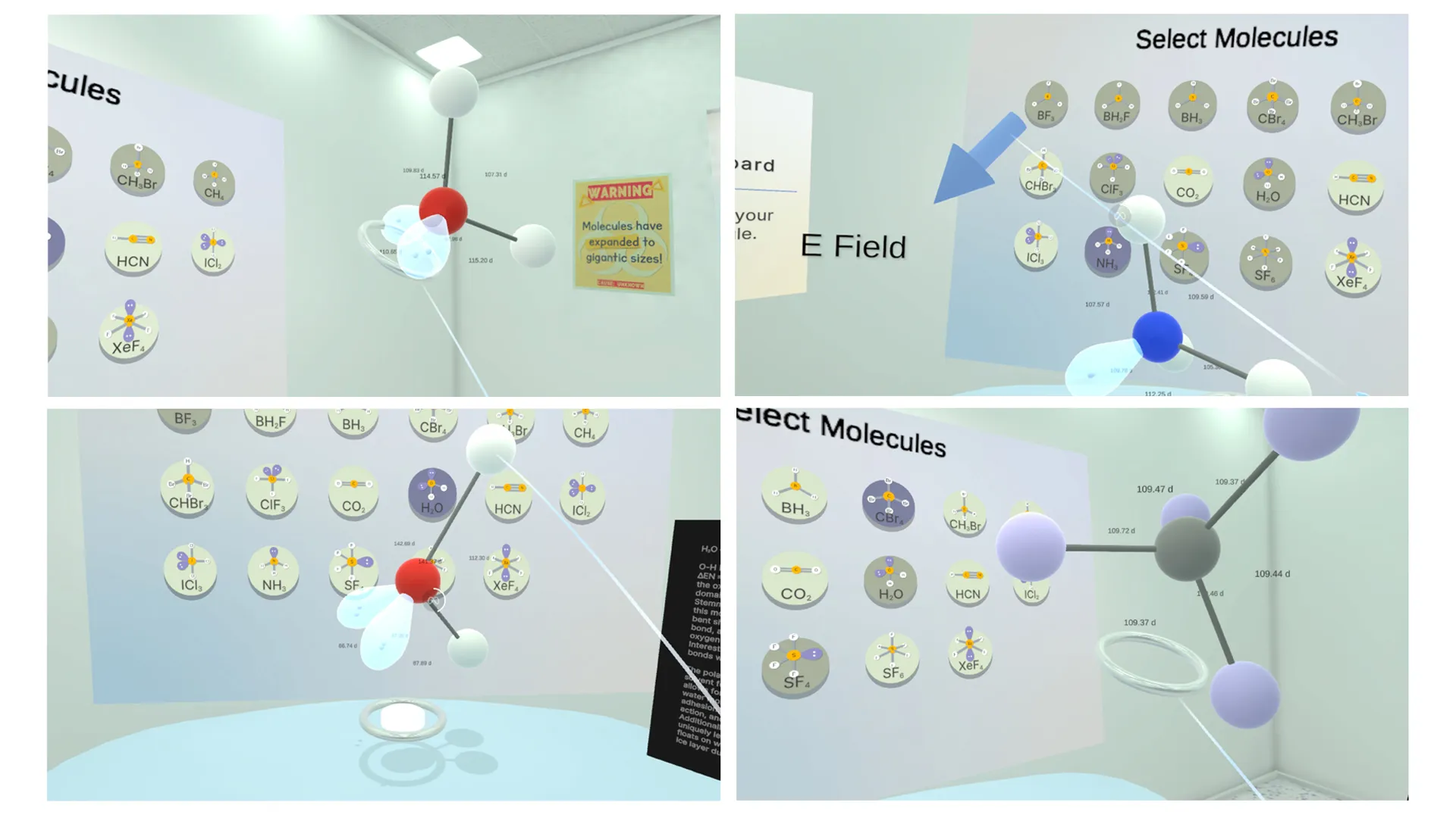 Collage of different 3D molecules in front of a VR selection panel