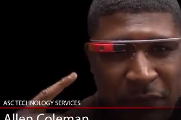 ASC Tech Coordinator Allen Coleman pointing to Google Glass he's wearing
