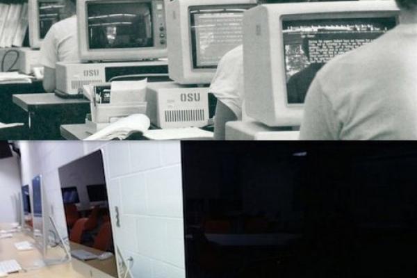 Images of computer classrooms from 1987 and 2014