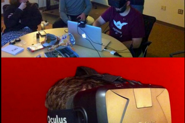 Image of ASCTech staff members wearing virtual reality helmet