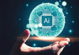 Hand holding a sphere of light that says "AI"